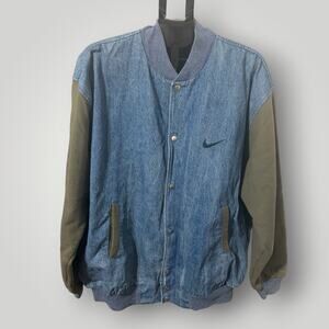 Vintage 90s Nike Denim Varsity Jacket XXL Big Swoosh Back Olive Green Bomber